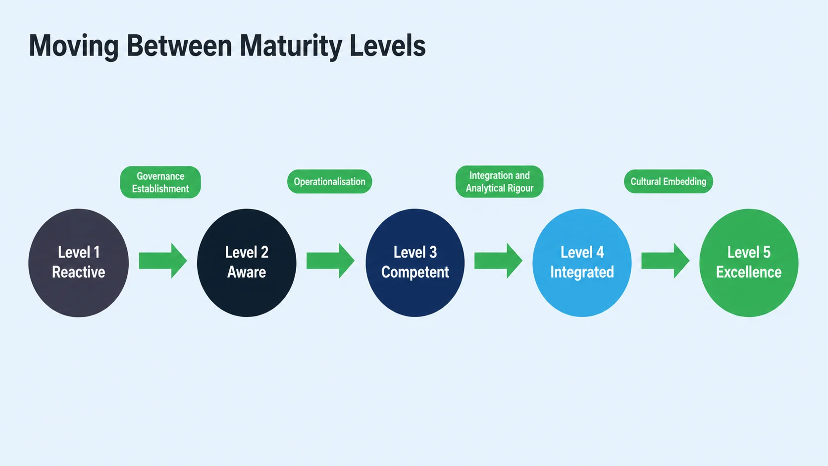 Flow diagram showing the five asset management maturity levels as nodes connected by arrows, with the key transition requirement labelled between each level: Governance Establishment, Operationalisation, Integration and Analytical Rigour, and Cultural Embedding.