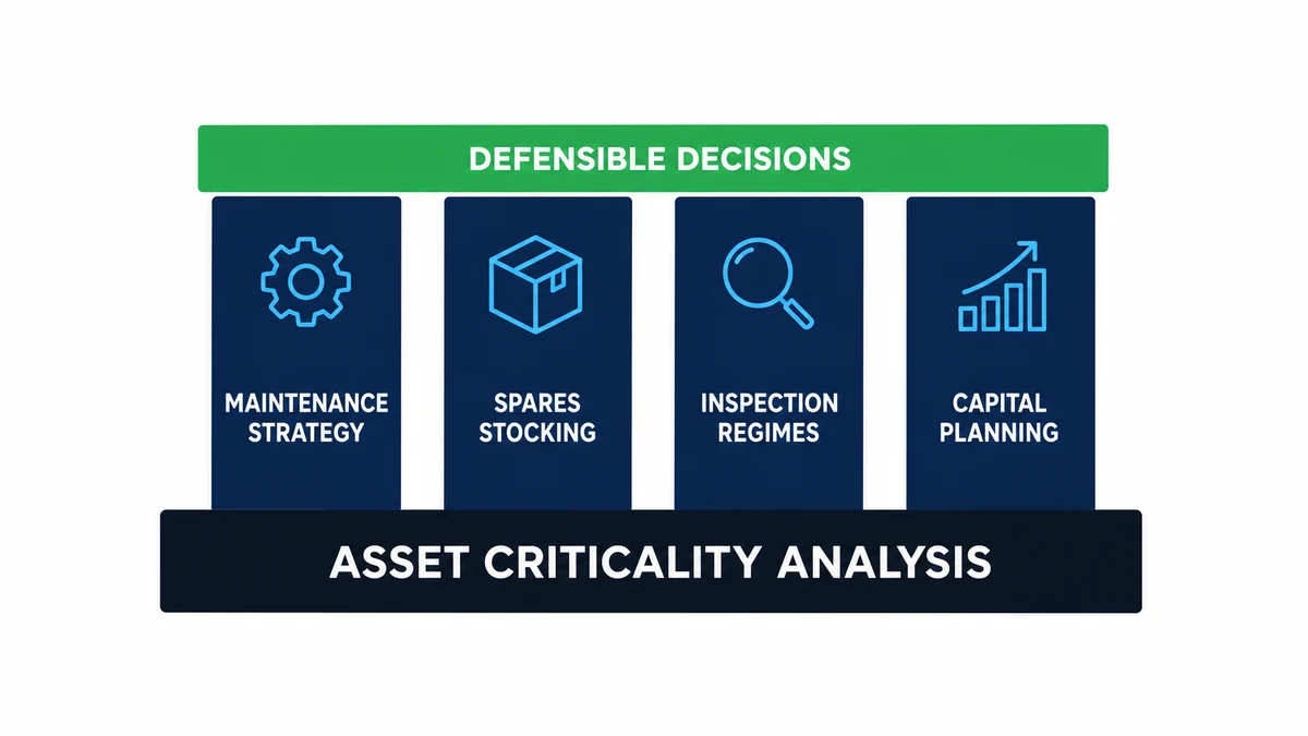 Foundation diagram showing asset criticality analysis as a base layer supporting four pillars, maintenance strategy, spares stocking, inspection regimes and capital planning, beneath a beam labelled defensible decisions.