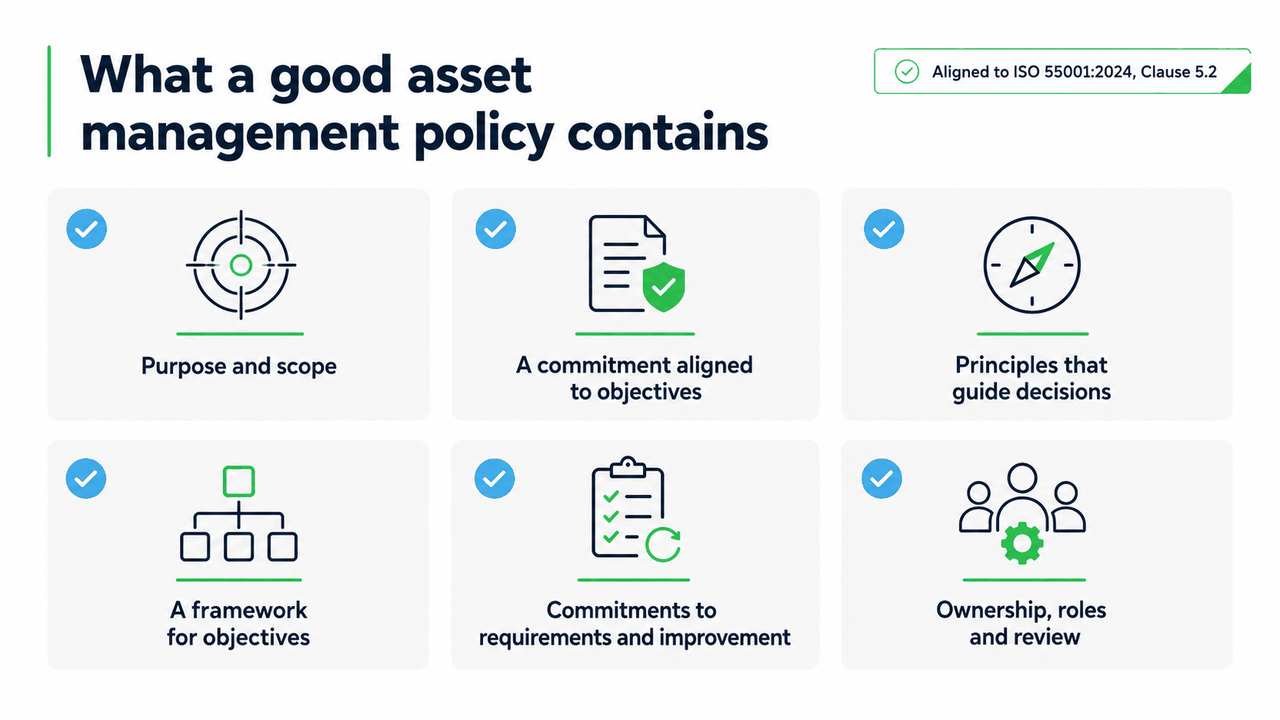 The six components of a good asset management policy, aligned to ISO 55001 Clause 5.2.