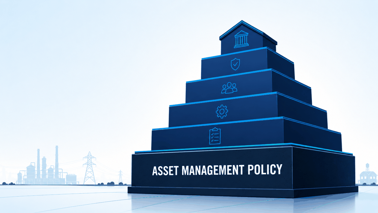 An asset management policy shown as the foundation cornerstone of an organisation's governance structure.