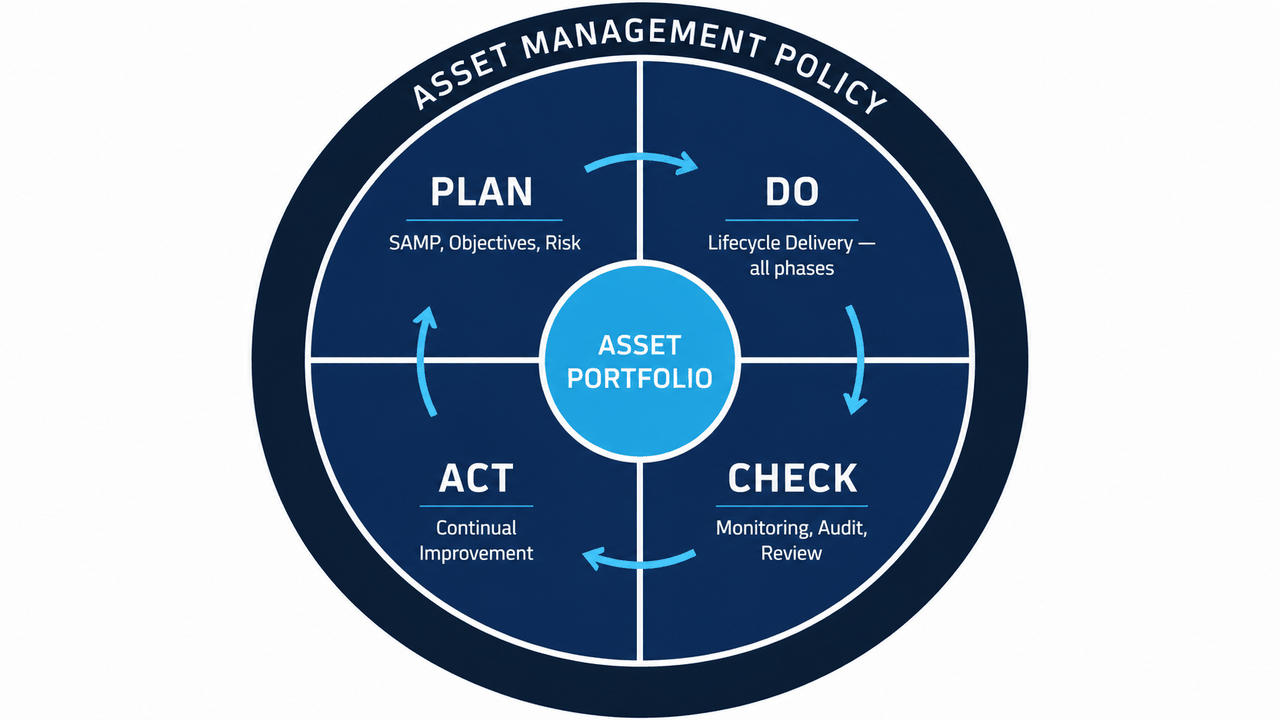 An asset management system shown as a circular PDCA governance framework: an outer Asset Management Policy ring around Plan, Do, Check and Act quadrants encircling a central asset portfolio