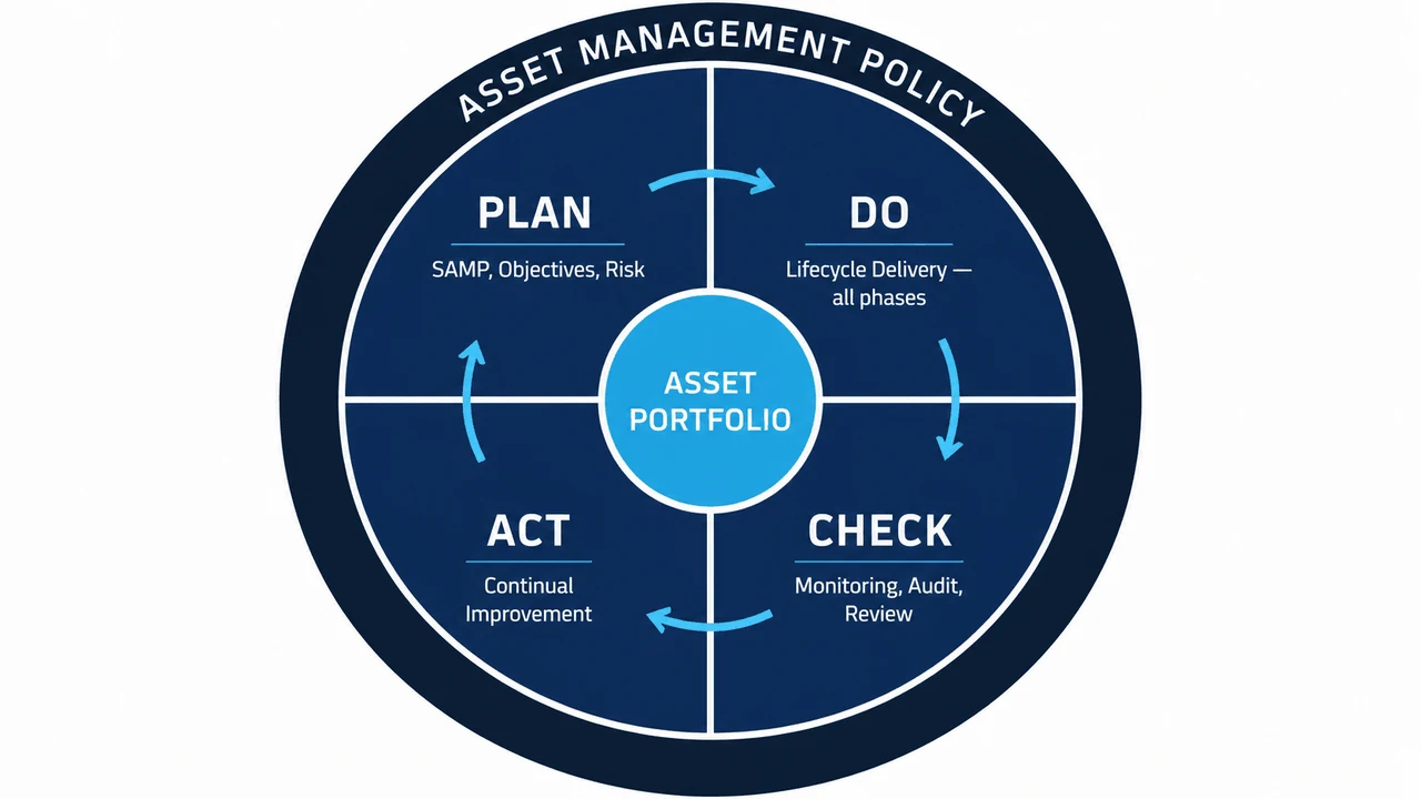 An asset management system shown as a circular PDCA governance framework: an outer Asset Management Policy ring around Plan, Do, Check and Act quadrants encircling a central asset portfolio