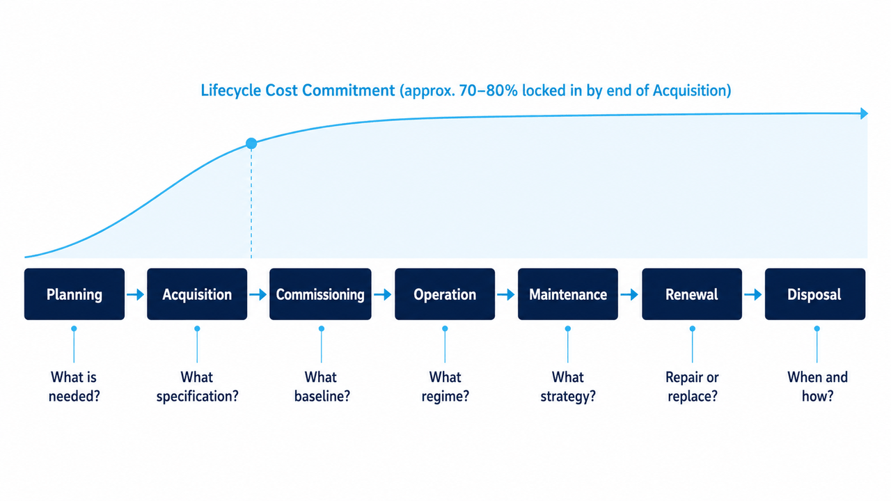 Seven asset lifecycle phases shown left to right — Planning, Acquisition, Commissioning, Operation, Maintenance, Renewal and Disposal — with a key decision question under each phase and a lifecycle cost commitment curve showing 70 to 80 per cent of cost locked in by the end of acquisition