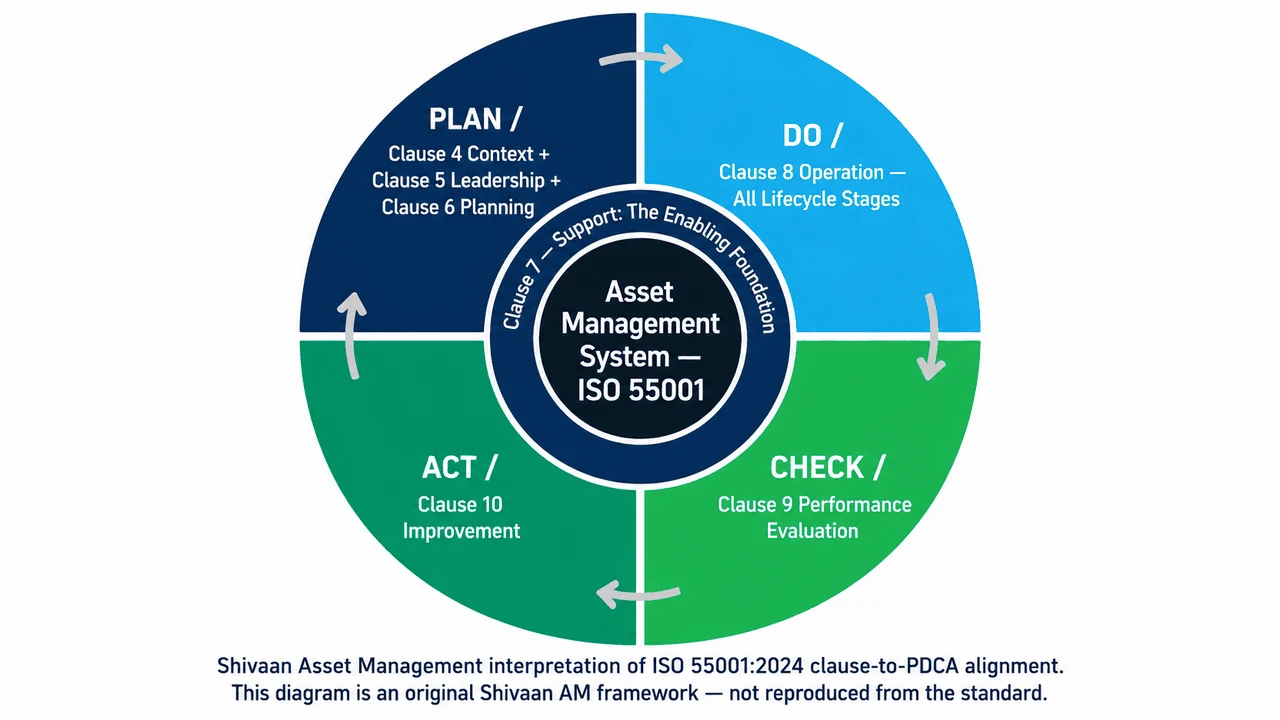 ISO 55001:2024 clauses mapped to the Plan, Do, Check and Act cycle as a Shivaan Asset Management original framework: Plan covers Clauses 4, 5 and 6, Do covers Clause 8 across all lifecycle stages, Check covers Clause 9, Act covers Clause 10, and Clause 7 Support sits at the centre as the enabling foundation