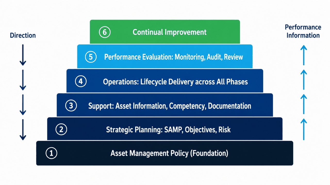 Six stacked horizontal layers of an asset management system from the foundation upward: Asset Management Policy, Strategic Planning, Support, Operations, Performance Evaluation and Continual Improvement, with direction flowing down and performance information flowing up