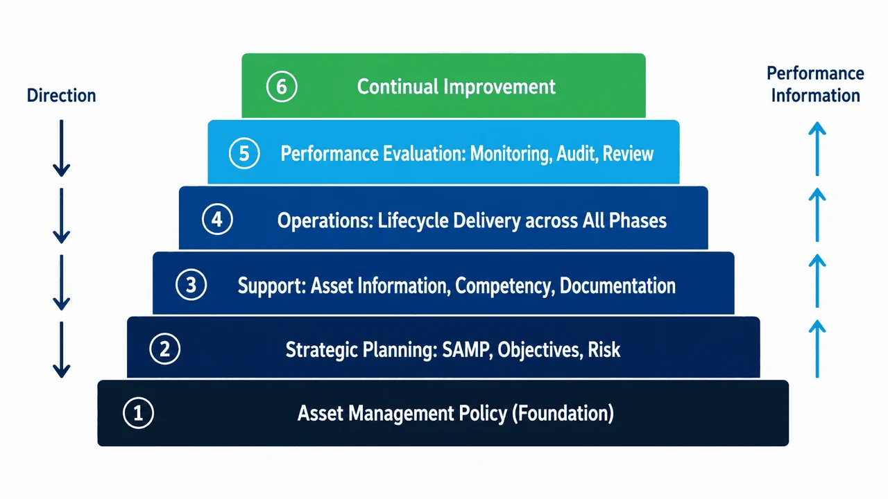 Six stacked horizontal layers of an asset management system from the foundation upward: Asset Management Policy, Strategic Planning, Support, Operations, Performance Evaluation and Continual Improvement, with direction flowing down and performance information flowing up