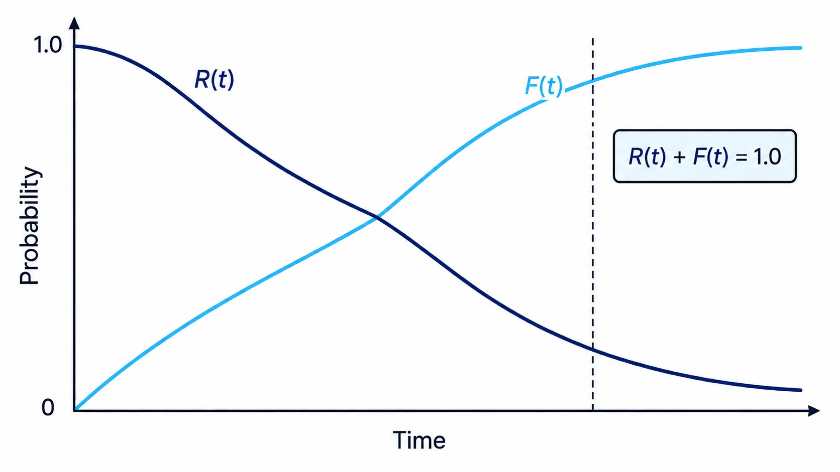 Chart showing the reliability function R of t falling and the cumulative distribution function F of t rising as mirror-image complements that always sum to one.