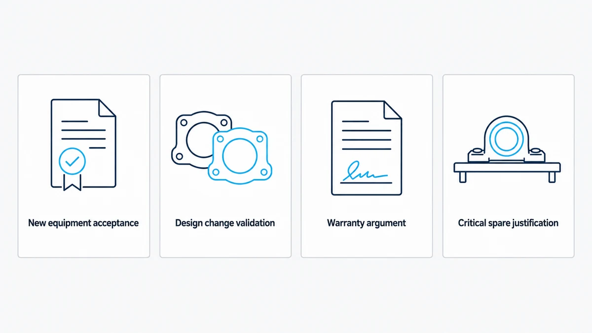 Four icon panels showing the commercial situations where Weibayes is most often used: new equipment acceptance, design change validation, warranty argument and justifying a critical spare on thin failure history.