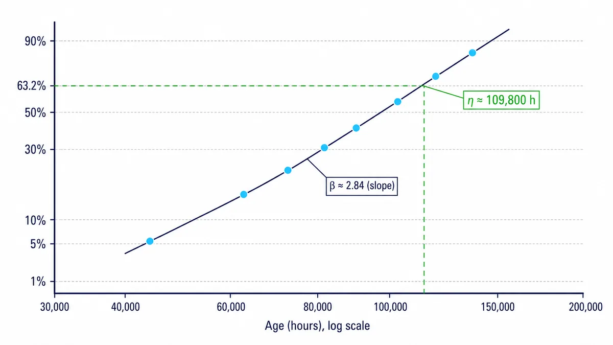 Weibull probability plot of eight transformer bushing failures with a fitted straight line, beta read as the slope and eta read at the 63.2 percent crossing at 109,800 hours.
