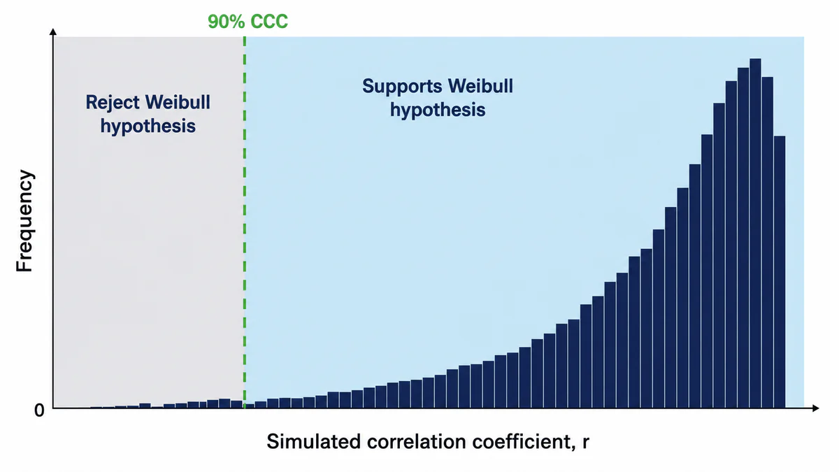 Histogram of simulated correlation coefficients from repeated Weibull sampling, with a vertical line marking the ninety percent critical correlation coefficient threshold.
