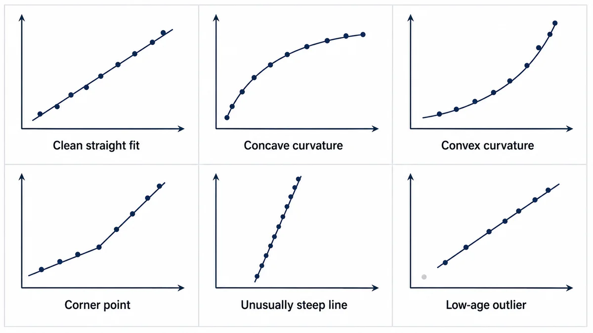 A six-panel gallery of Weibull plot patterns: a clean straight fit, concave curvature, convex curvature, a corner point, an unusually steep line, and a low-age outlier.